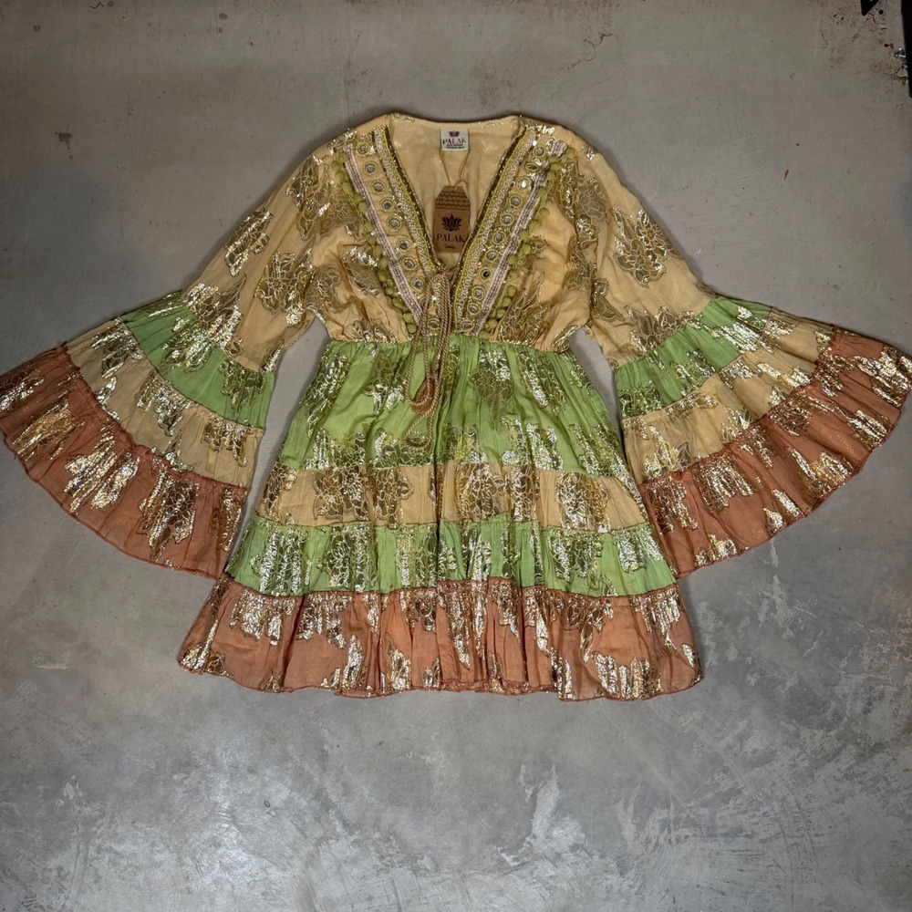 Hippie Flowy Gold Metallic Embroidered Tiered Mini Dress Bell Sleeve womens M/L